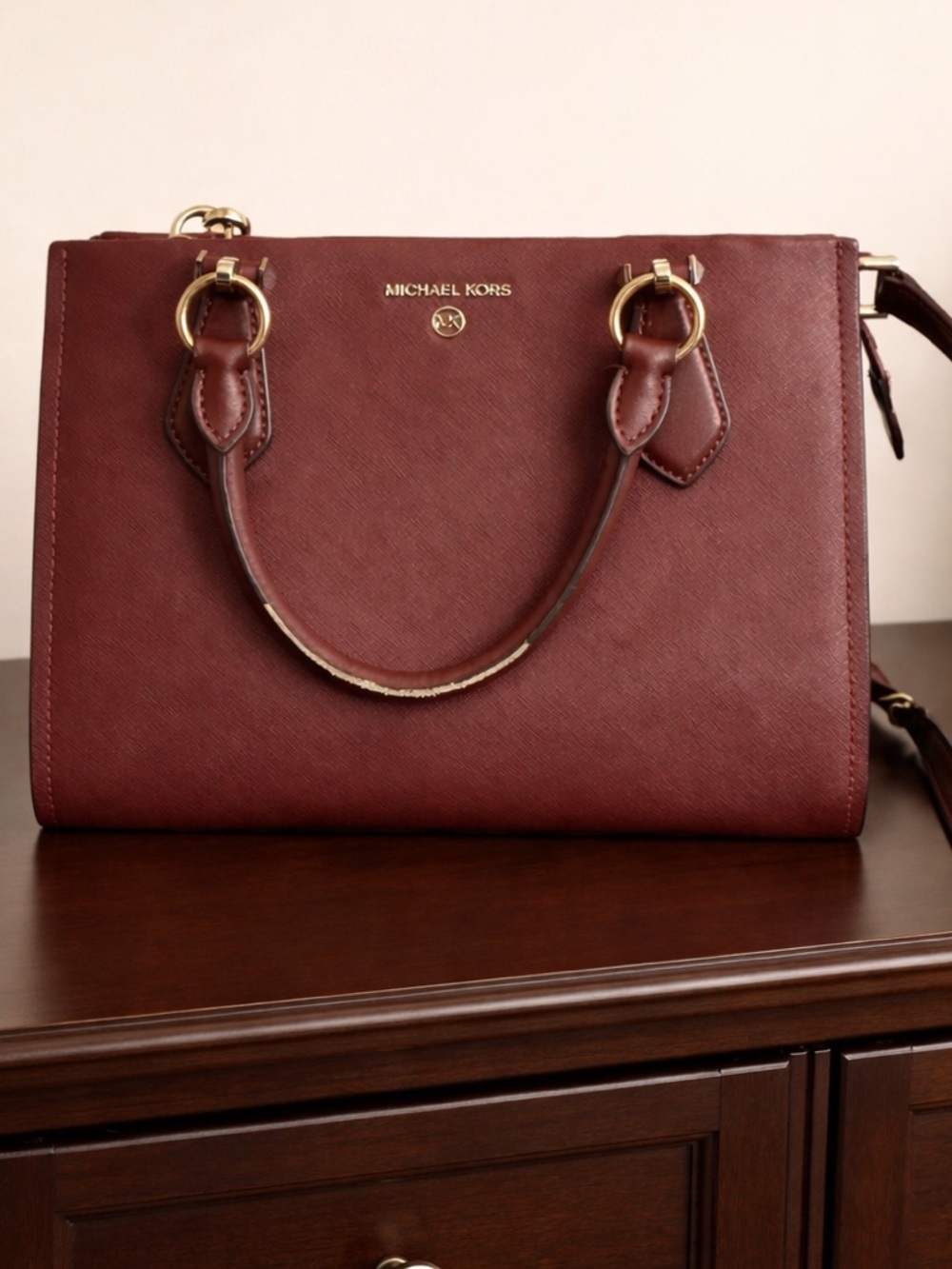 Michael Kors Wine Saffiano Leather Satchel w/ Detachable Strap